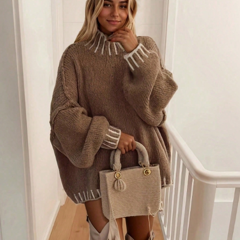 Women's Oversized Drop Shoulder Long Sleeve Round Neck Casual Sweater - Picture 1 of 5